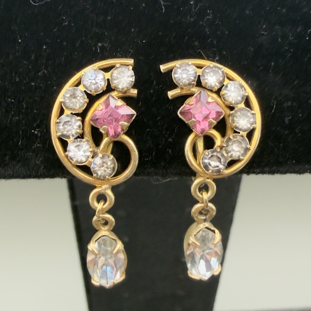 Vintage 12K Gold Filled Edwardian Revival Rhinestone Screw Back Earrings